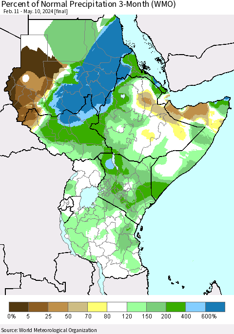 Eastern Africa Percent of Normal Precipitation 3-Month (WMO) Thematic Map For 2/11/2024 - 5/10/2024