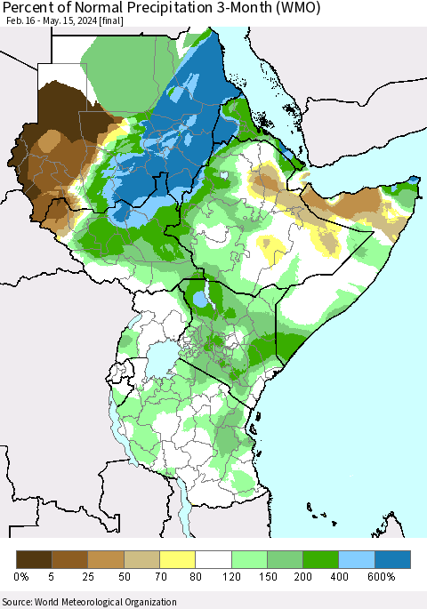 Eastern Africa Percent of Normal Precipitation 3-Month (WMO) Thematic Map For 2/16/2024 - 5/15/2024