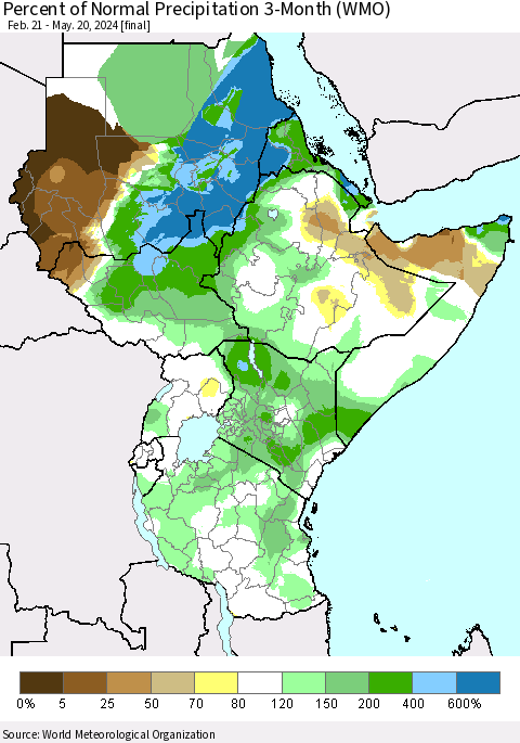 Eastern Africa Percent of Normal Precipitation 3-Month (WMO) Thematic Map For 2/21/2024 - 5/20/2024
