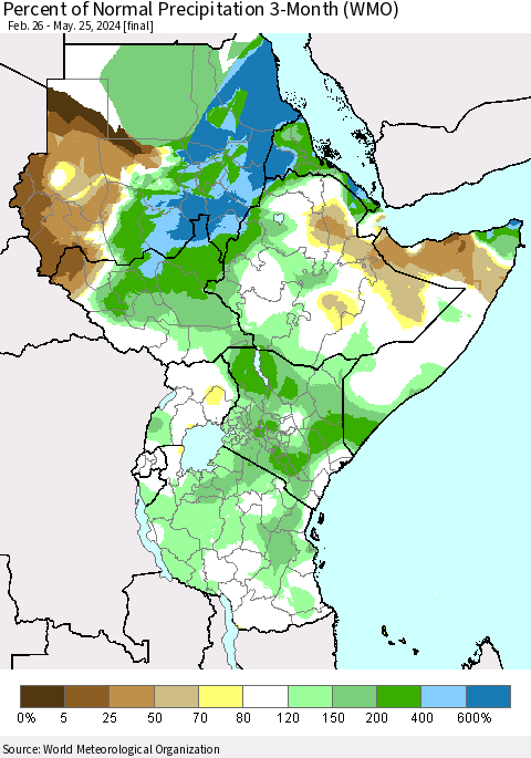 Eastern Africa Percent of Normal Precipitation 3-Month (WMO) Thematic Map For 2/26/2024 - 5/25/2024
