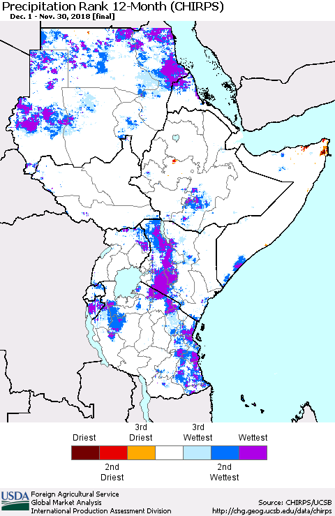 Eastern Africa Precipitation Rank since 1981, 12-Month (CHIRPS) Thematic Map For 12/1/2017 - 11/30/2018