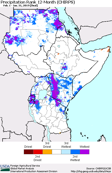 Eastern Africa Precipitation Rank since 1981, 12-Month (CHIRPS) Thematic Map For 2/1/2018 - 1/31/2019