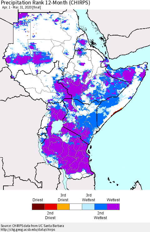 Eastern Africa Precipitation Rank since 1981, 12-Month (CHIRPS) Thematic Map For 4/1/2019 - 3/31/2020