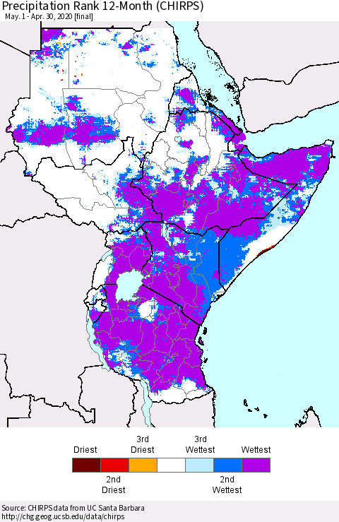 Eastern Africa Precipitation Rank since 1981, 12-Month (CHIRPS) Thematic Map For 5/1/2019 - 4/30/2020