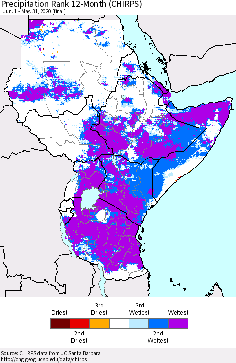 Eastern Africa Precipitation Rank since 1981, 12-Month (CHIRPS) Thematic Map For 6/1/2019 - 5/31/2020