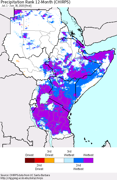 Eastern Africa Precipitation Rank since 1981, 12-Month (CHIRPS) Thematic Map For 7/1/2019 - 6/30/2020