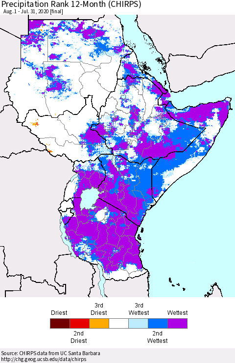 Eastern Africa Precipitation Rank since 1981, 12-Month (CHIRPS) Thematic Map For 8/1/2019 - 7/31/2020