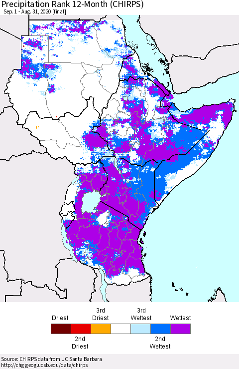 Eastern Africa Precipitation Rank since 1981, 12-Month (CHIRPS) Thematic Map For 9/1/2019 - 8/31/2020