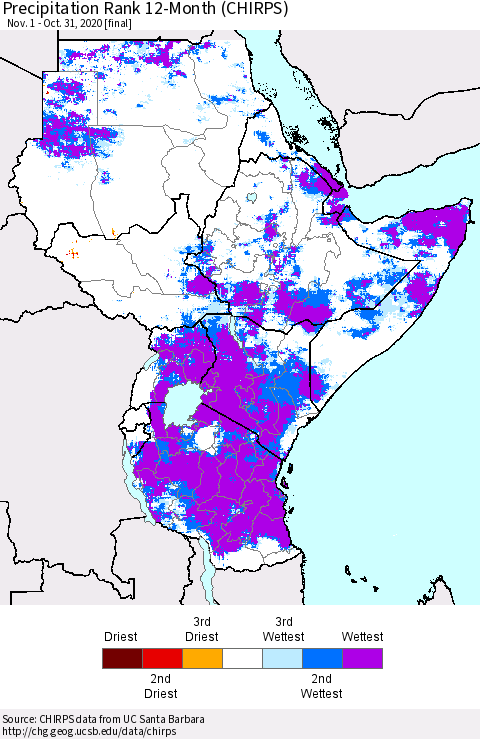 Eastern Africa Precipitation Rank since 1981, 12-Month (CHIRPS) Thematic Map For 11/1/2019 - 10/31/2020