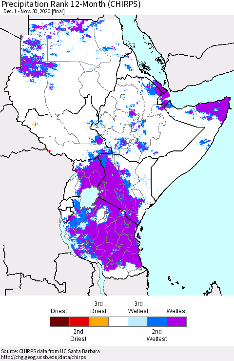 Eastern Africa Precipitation Rank 12-Month (CHIRPS) Thematic Map For 12/1/2019 - 11/30/2020