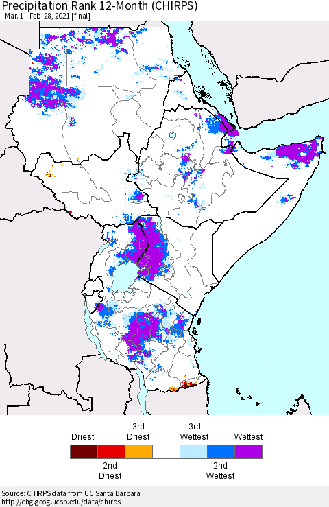 Eastern Africa Precipitation Rank since 1981, 12-Month (CHIRPS) Thematic Map For 3/1/2020 - 2/28/2021