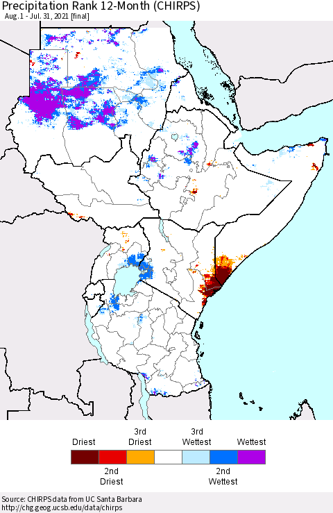 Eastern Africa Precipitation Rank 12-Month (CHIRPS) Thematic Map For 8/1/2020 - 7/31/2021