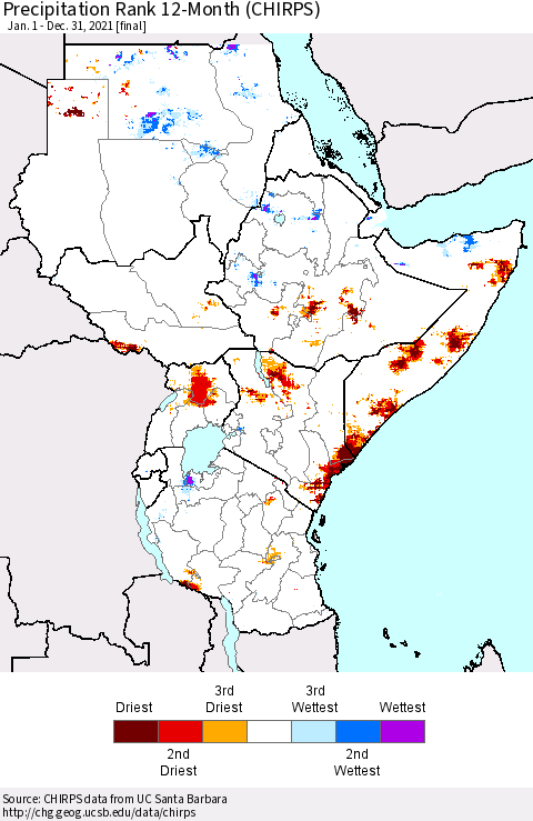 Eastern Africa Precipitation Rank since 1981, 12-Month (CHIRPS) Thematic Map For 1/1/2021 - 12/31/2021