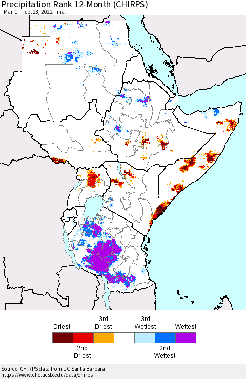 Eastern Africa Precipitation Rank 12-Month (CHIRPS) Thematic Map For 3/1/2021 - 2/28/2022