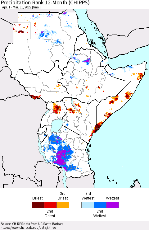 Eastern Africa Precipitation Rank 12-Month (CHIRPS) Thematic Map For 4/1/2021 - 3/31/2022
