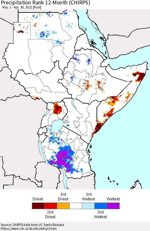 Eastern Africa Precipitation Rank 12-Month (CHIRPS) Thematic Map For 5/1/2021 - 4/30/2022