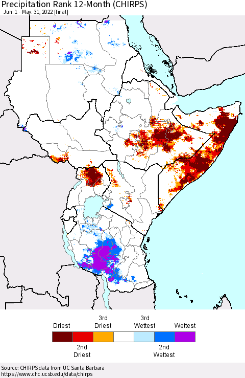 Eastern Africa Precipitation Rank 12-Month (CHIRPS) Thematic Map For 6/1/2021 - 5/31/2022
