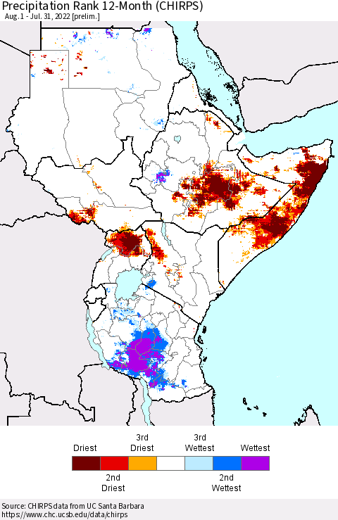Eastern Africa Precipitation Rank 12-Month (CHIRPS) Thematic Map For 8/1/2021 - 7/31/2022