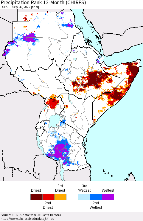 Eastern Africa Precipitation Rank since 1981, 12-Month (CHIRPS) Thematic Map For 10/1/2021 - 9/30/2022