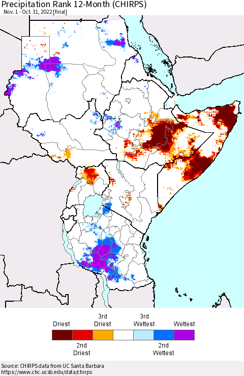 Eastern Africa Precipitation Rank since 1981, 12-Month (CHIRPS) Thematic Map For 11/1/2021 - 10/31/2022