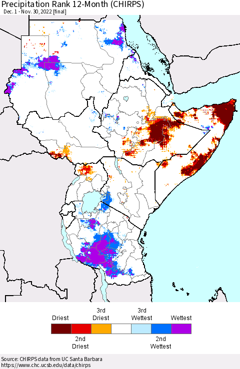 Eastern Africa Precipitation Rank since 1981, 12-Month (CHIRPS) Thematic Map For 12/1/2021 - 11/30/2022