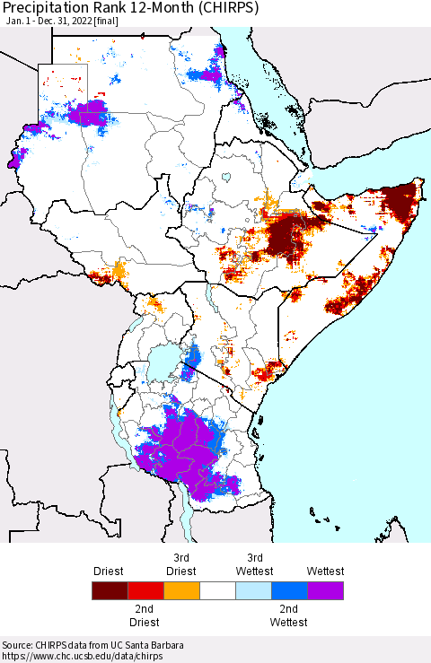 Eastern Africa Precipitation Rank since 1981, 12-Month (CHIRPS) Thematic Map For 1/1/2022 - 12/31/2022