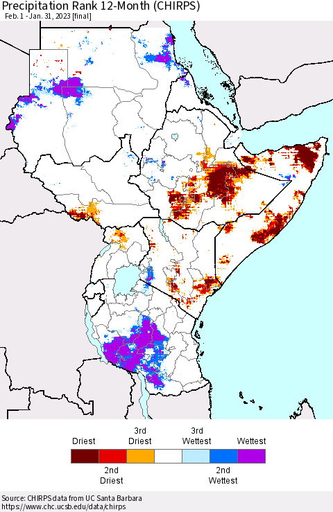 Eastern Africa Precipitation Rank since 1981, 12-Month (CHIRPS) Thematic Map For 2/1/2022 - 1/31/2023