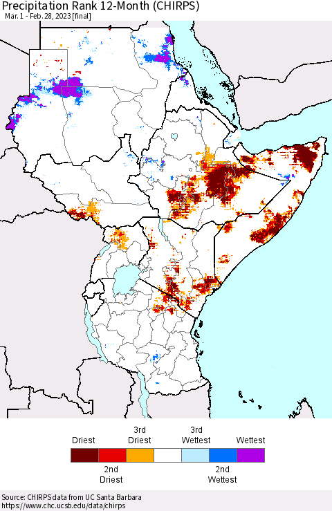 Eastern Africa Precipitation Rank since 1981, 12-Month (CHIRPS) Thematic Map For 3/1/2022 - 2/28/2023