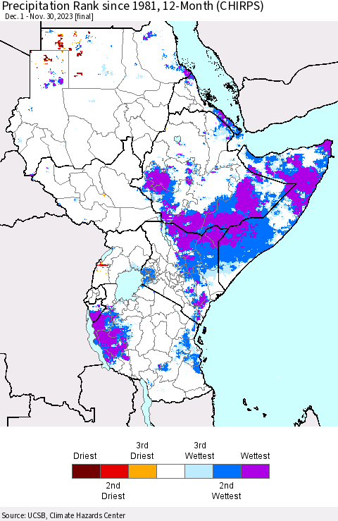Eastern Africa Precipitation Rank since 1981, 12-Month (CHIRPS) Thematic Map For 12/1/2022 - 11/30/2023