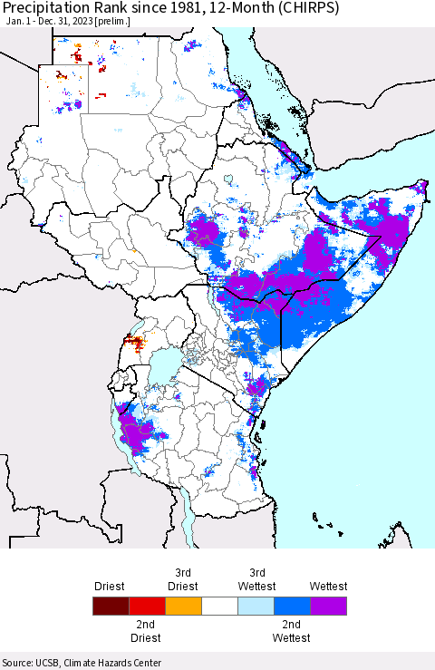 Eastern Africa Precipitation Rank since 1981, 12-Month (CHIRPS) Thematic Map For 1/1/2023 - 12/31/2023