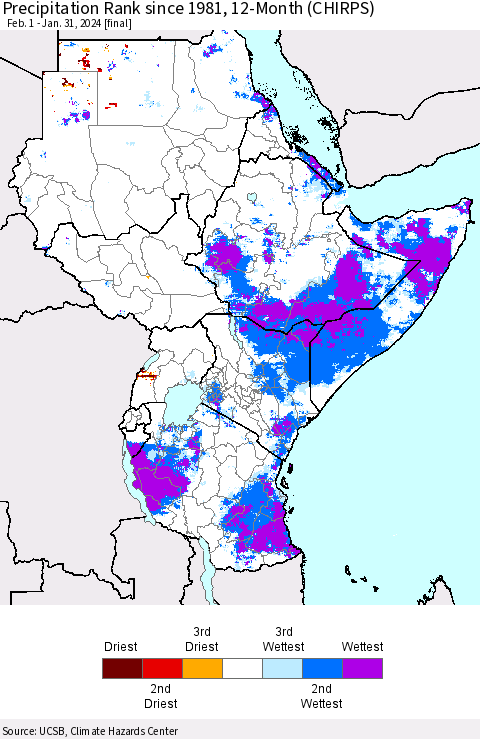Eastern Africa Precipitation Rank since 1981, 12-Month (CHIRPS) Thematic Map For 2/1/2023 - 1/31/2024