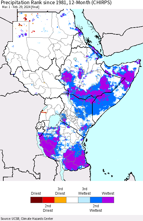 Eastern Africa Precipitation Rank since 1981, 12-Month (CHIRPS) Thematic Map For 3/1/2023 - 2/29/2024