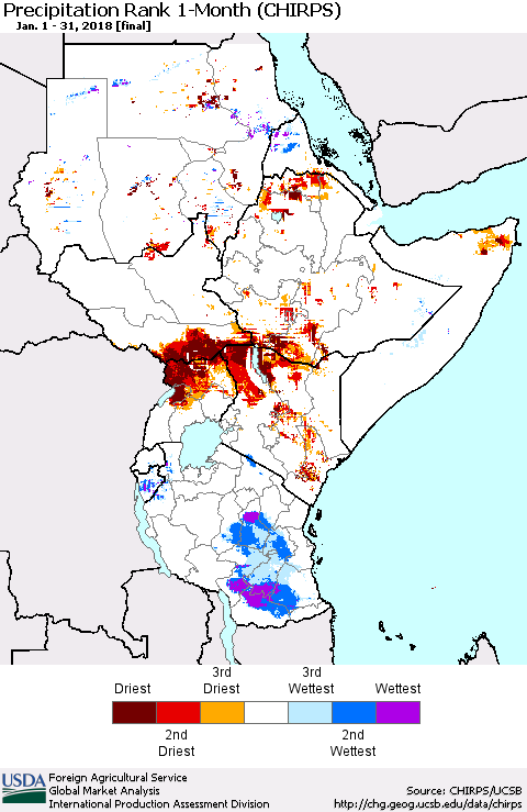 Eastern Africa Precipitation Rank since 1981, 1-Month (CHIRPS) Thematic Map For 1/1/2018 - 1/31/2018