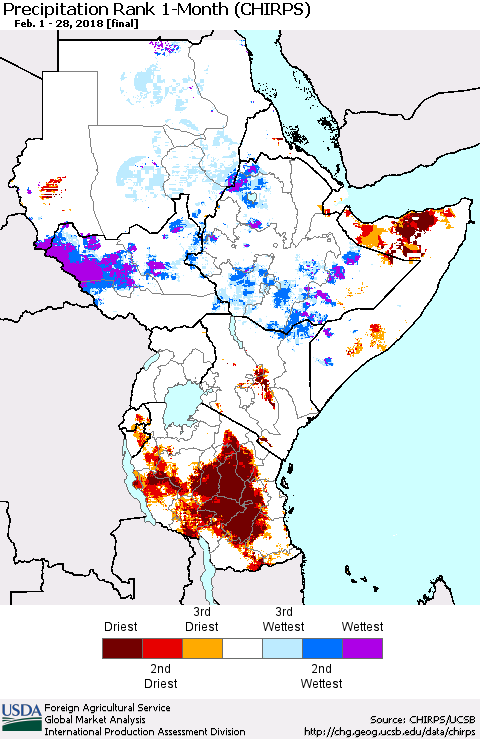 Eastern Africa Precipitation Rank since 1981, 1-Month (CHIRPS) Thematic Map For 2/1/2018 - 2/28/2018