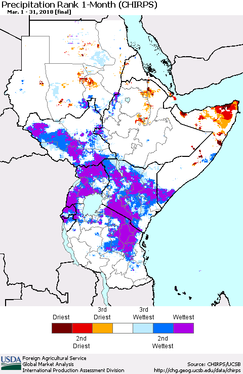 Eastern Africa Precipitation Rank since 1981, 1-Month (CHIRPS) Thematic Map For 3/1/2018 - 3/31/2018