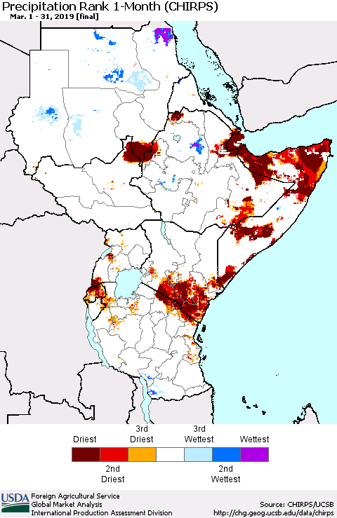 Eastern Africa Precipitation Rank since 1981, 1-Month (CHIRPS) Thematic Map For 3/1/2019 - 3/31/2019