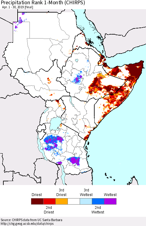 Eastern Africa Precipitation Rank since 1981, 1-Month (CHIRPS) Thematic Map For 4/1/2019 - 4/30/2019