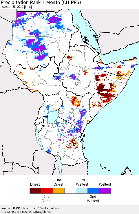 Eastern Africa Precipitation Rank since 1981, 1-Month (CHIRPS) Thematic Map For 8/1/2019 - 8/31/2019