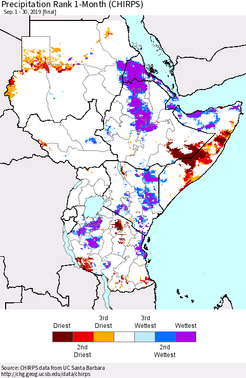 Eastern Africa Precipitation Rank since 1981, 1-Month (CHIRPS) Thematic Map For 9/1/2019 - 9/30/2019