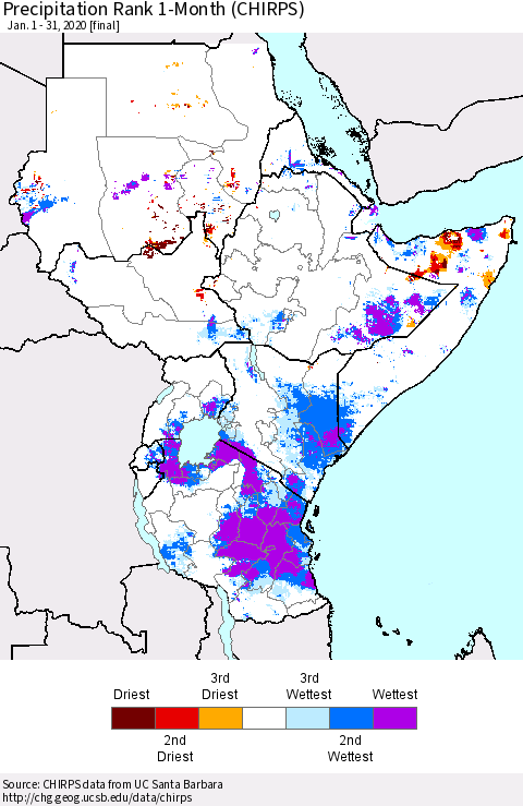 Eastern Africa Precipitation Rank since 1981, 1-Month (CHIRPS) Thematic Map For 1/1/2020 - 1/31/2020
