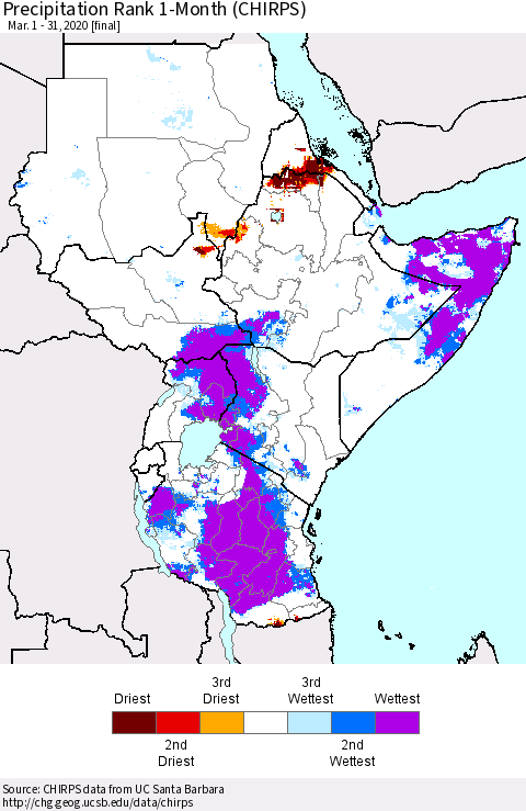 Eastern Africa Precipitation Rank 1-Month (CHIRPS) Thematic Map For 3/1/2020 - 3/31/2020