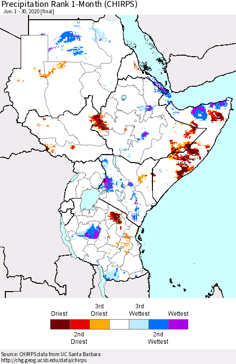Eastern Africa Precipitation Rank since 1981, 1-Month (CHIRPS) Thematic Map For 6/1/2020 - 6/30/2020