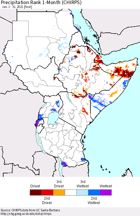 Eastern Africa Precipitation Rank 1-Month (CHIRPS) Thematic Map For 1/1/2021 - 1/31/2021