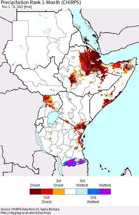 Eastern Africa Precipitation Rank 1-Month (CHIRPS) Thematic Map For 3/1/2021 - 3/31/2021