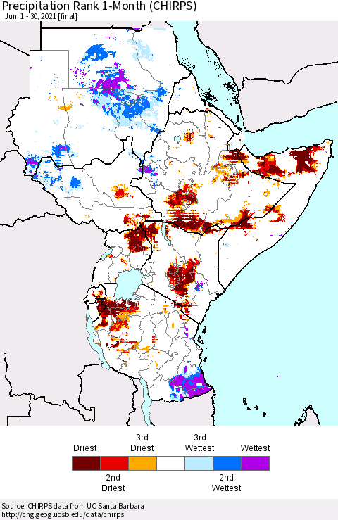 Eastern Africa Precipitation Rank 1-Month (CHIRPS) Thematic Map For 6/1/2021 - 6/30/2021