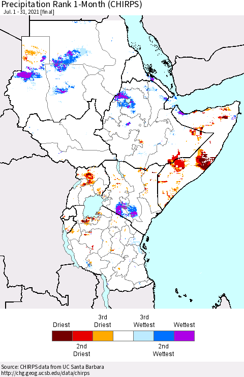Eastern Africa Precipitation Rank 1-Month (CHIRPS) Thematic Map For 7/1/2021 - 7/31/2021