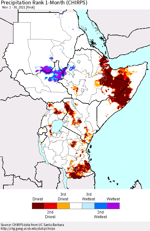Eastern Africa Precipitation Rank 1-Month (CHIRPS) Thematic Map For 11/1/2021 - 11/30/2021