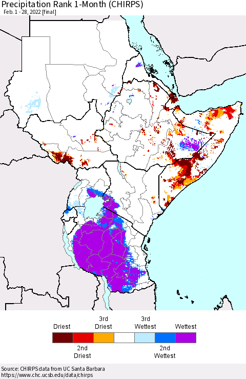 Eastern Africa Precipitation Rank since 1981, 1-Month (CHIRPS) Thematic Map For 2/1/2022 - 2/28/2022