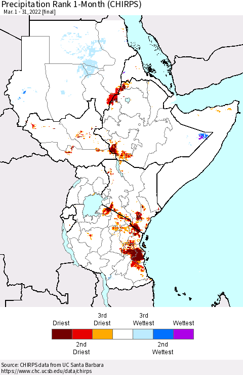 Eastern Africa Precipitation Rank since 1981, 1-Month (CHIRPS) Thematic Map For 3/1/2022 - 3/31/2022