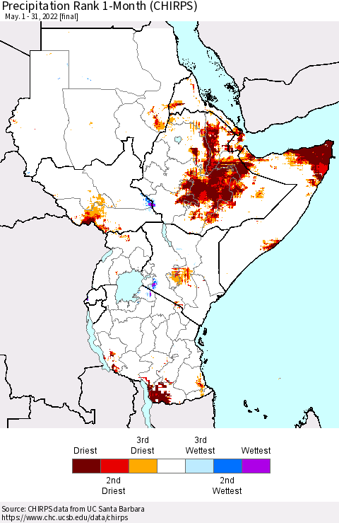 Eastern Africa Precipitation Rank 1-Month (CHIRPS) Thematic Map For 5/1/2022 - 5/31/2022